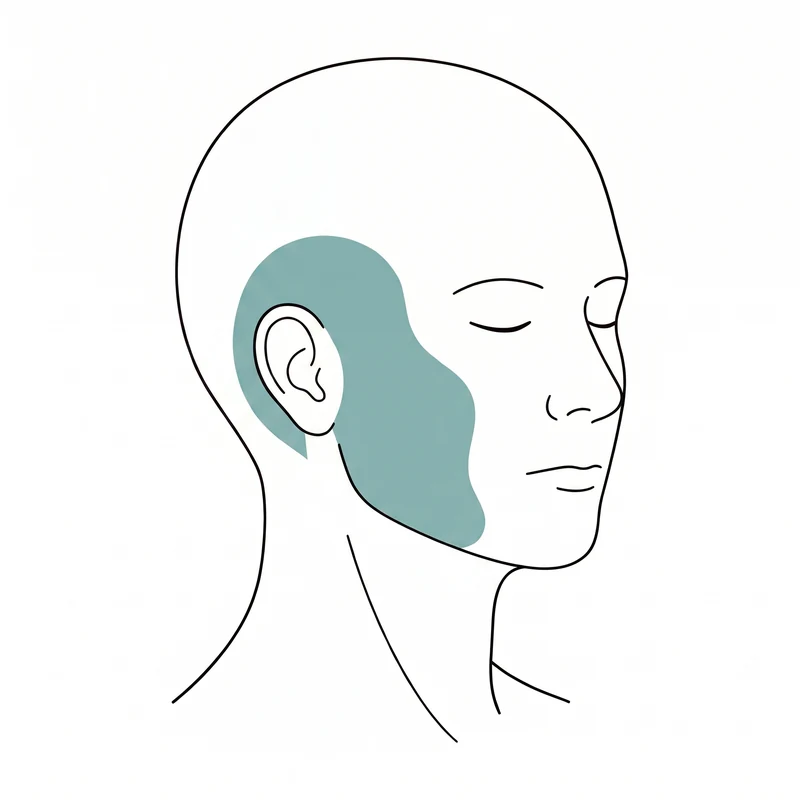 Head diagram: pain shaded at the jaw in front of the ear, spreading into the cheek