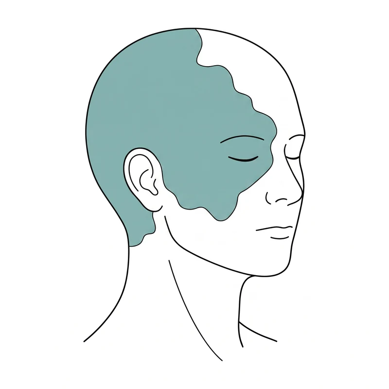 Head diagram: pain shaded across one whole side of the head with no clear starting point