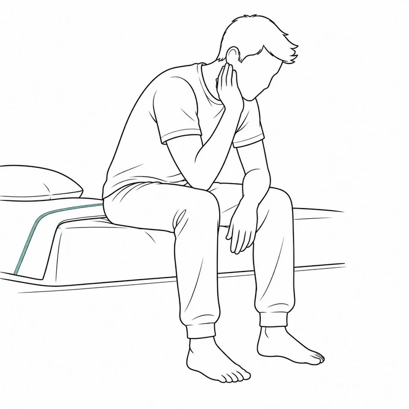 Illustration of a person sitting on the edge of a bed in the morning, holding the back of their neck