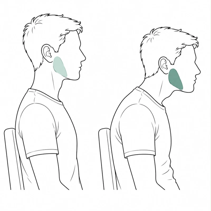 Illustration comparing a seated chin-tucked posture with a head-forward desk posture, jaw muscles highlighted in both
