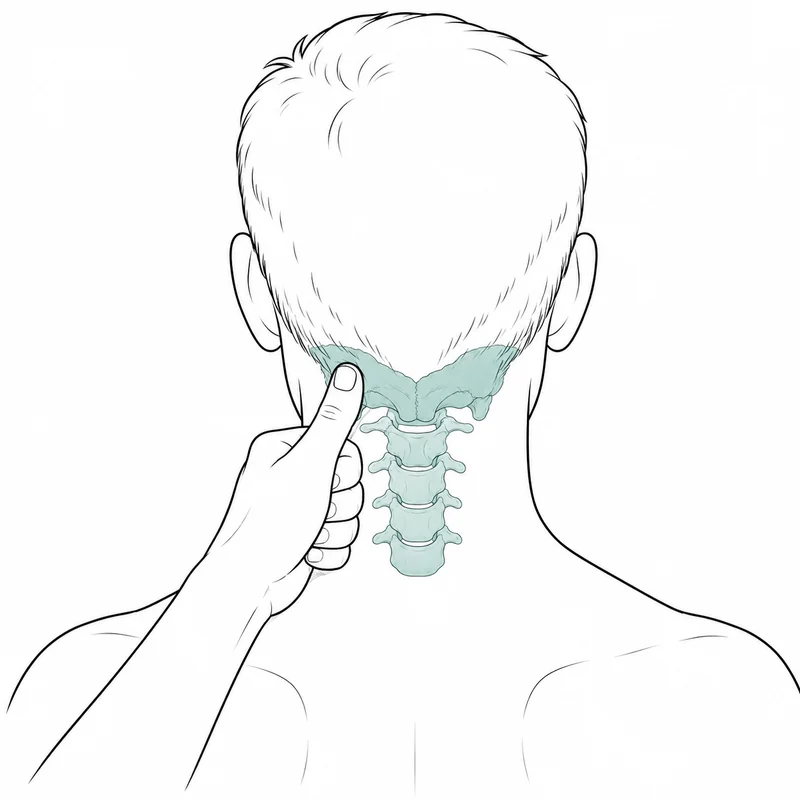 Illustration of a hand pressing at the base of the skull, an inch off centre, with the upper cervical joints highlighted