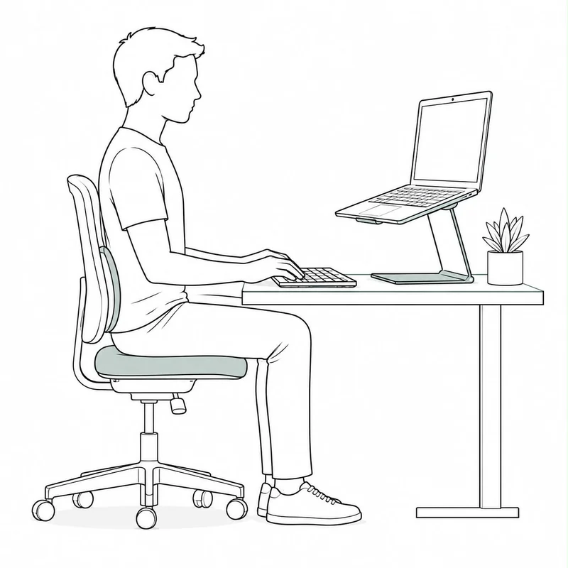 Illustration of a person seated at a desk with the top of the laptop screen raised to eye level